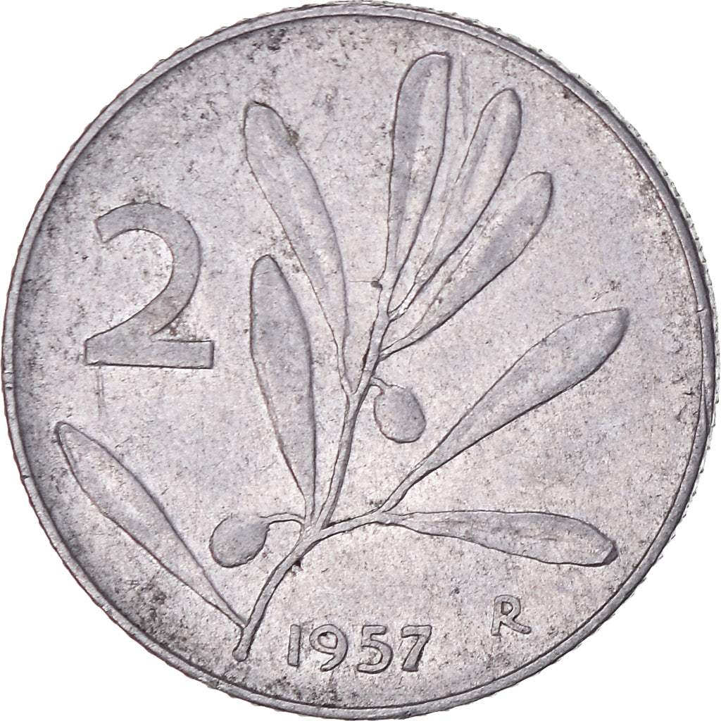 Coin, Italy, 2 Lire, 1957, Rome, VF(30-35), Aluminum, KM:94