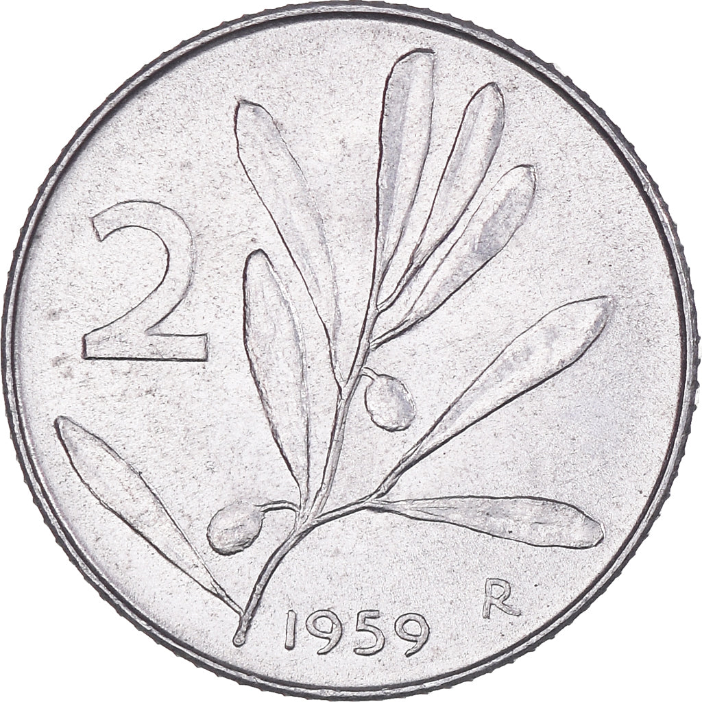 Moneta, Włochy, 2 Lire, 1959, Rome, AU(50-53), Aluminium, KM:94