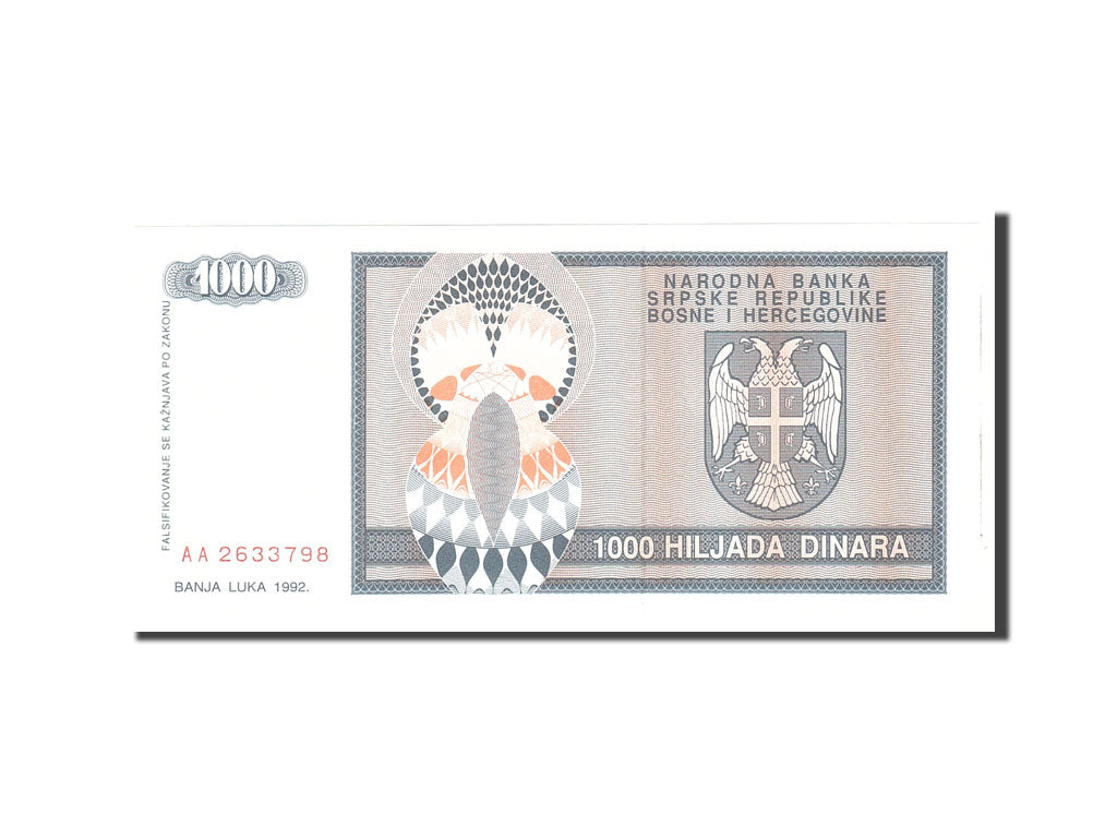 Banknote, Bosnia - Herzegovina, 1000 Dinara, 1992, Undated, KM:137a, UNC(65-70)