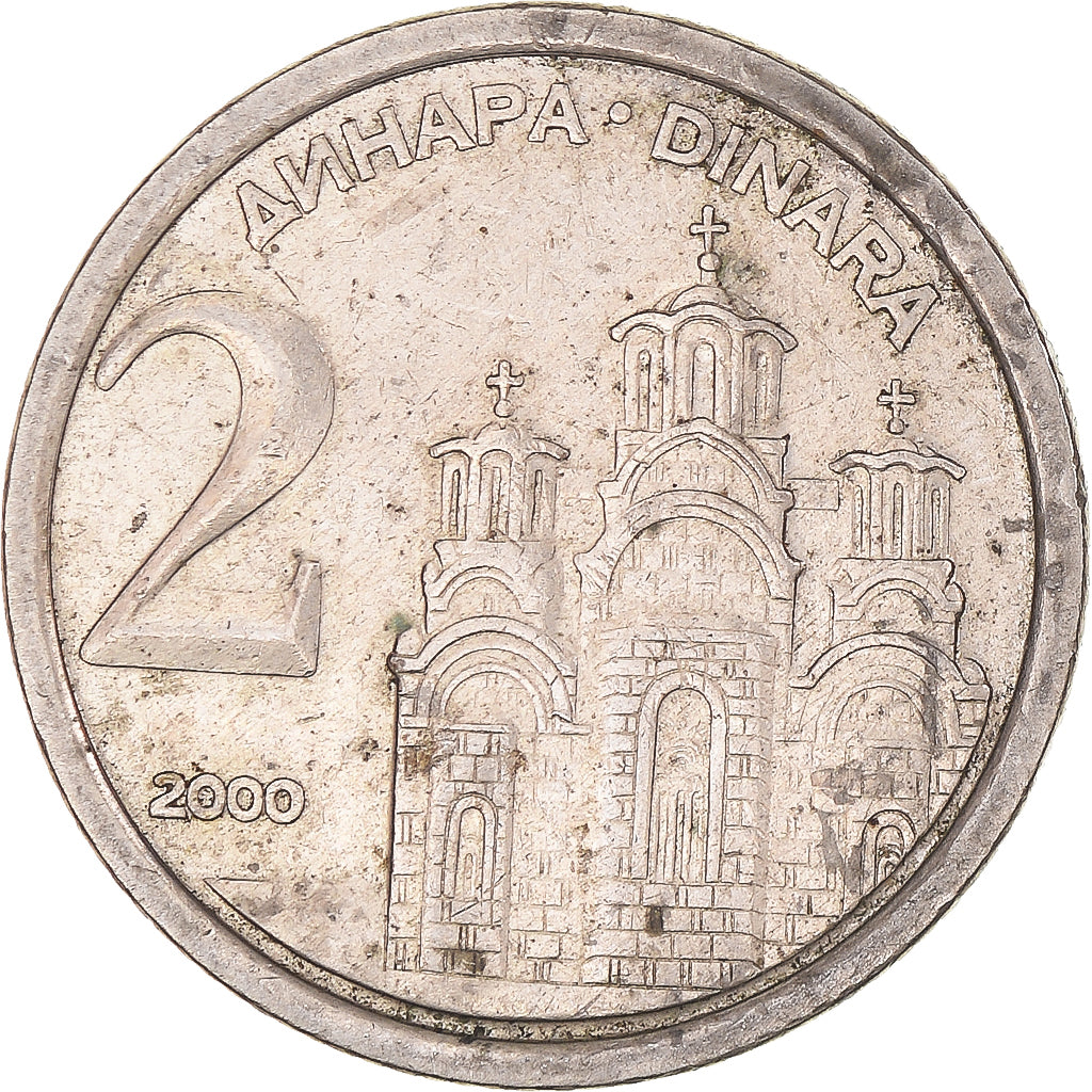 Moneta, Jugosławia, 2 Dinara, 2000, Belgrade, EF(40-45), Miedź-Nikiel-Cynk