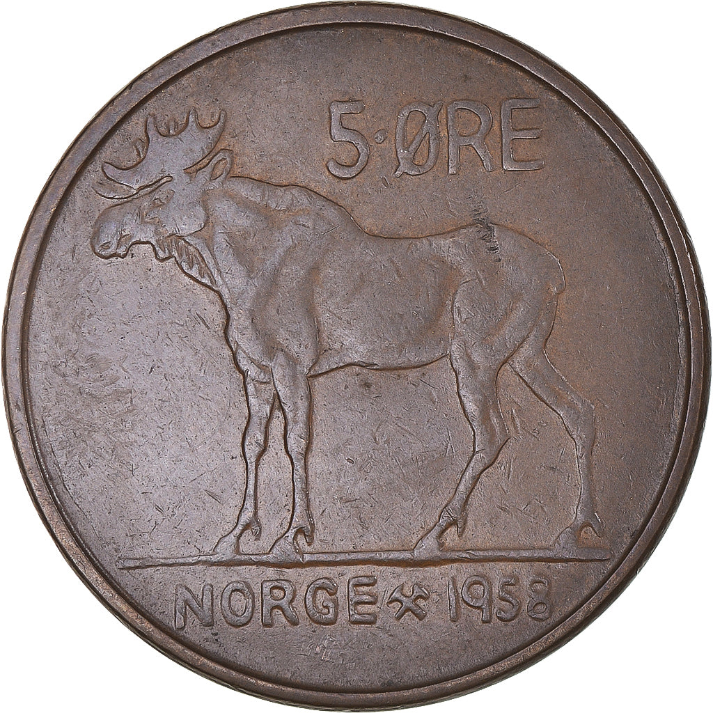 Moneta, Norvegia, Olav V, 5 Öre, 1958, BB, Bronzo, KM:405