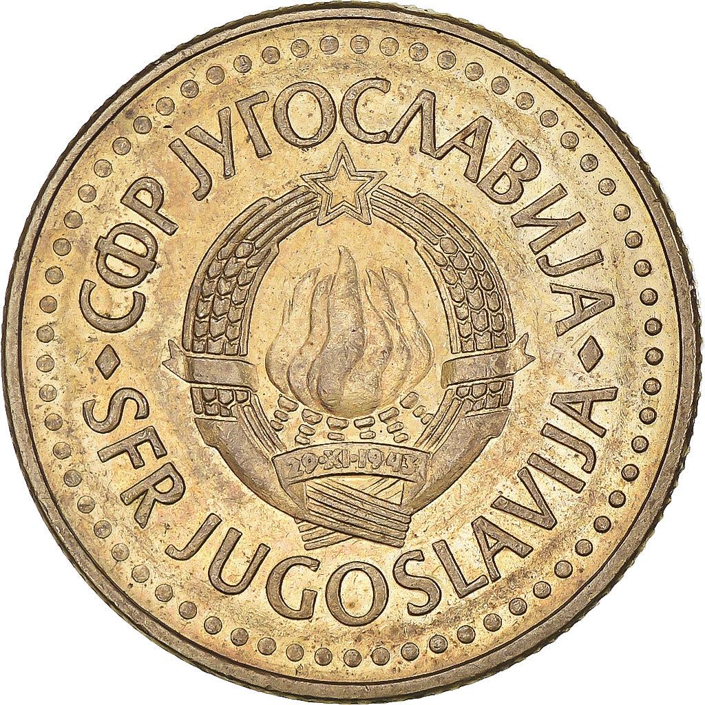 Moeda, Jugoslávia, 5 Dinara, 1985, EF(40-45), Níquel-Latão, KM:88
