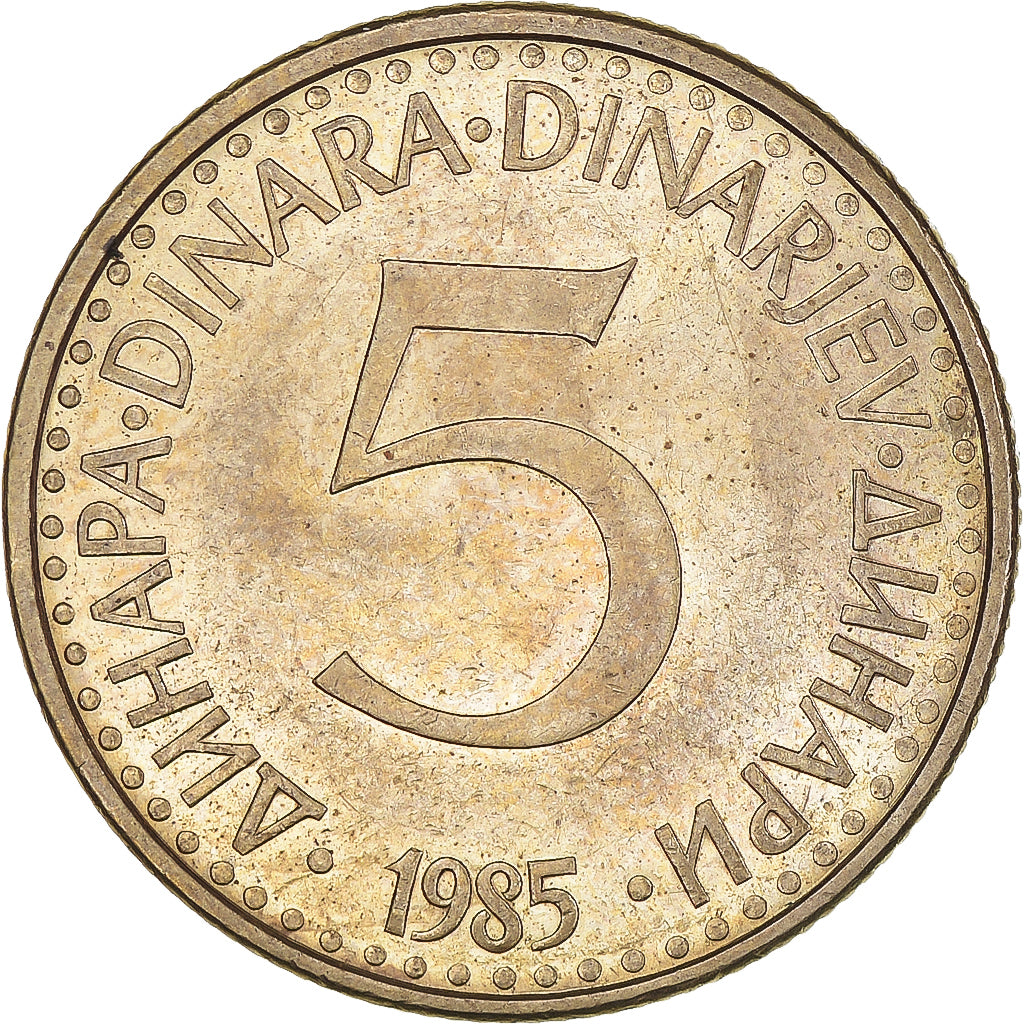 Moeda, Jugoslávia, 5 Dinara, 1985, EF(40-45), Níquel-Latão, KM:88