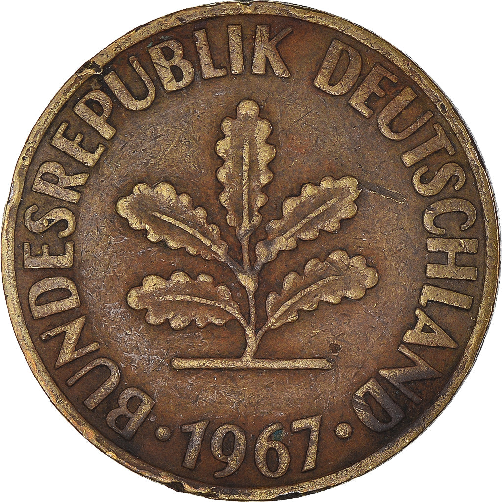 Moneda, ALEMANIA - REPÚBLICA FEDERAL, 10 Pfennig, 1967, Hambourg, MBC, Latón