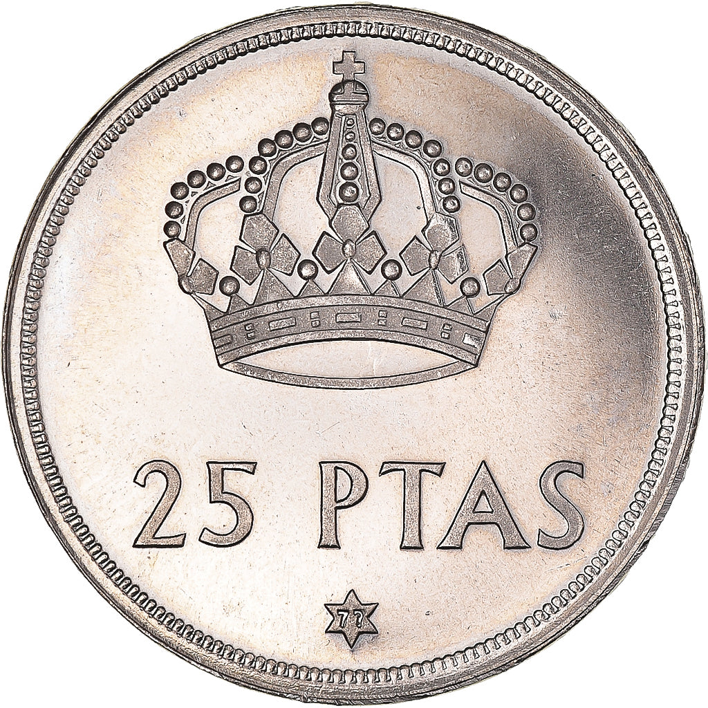 Moeda, Espanha, Juan Carlos I, 25 Pesetas, 1975 (77), BE, MS(63), Cobre-níquel