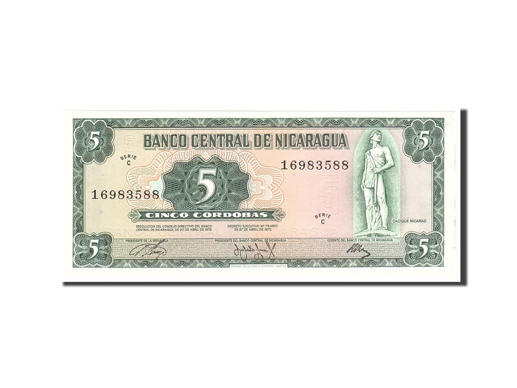 Banknote, Nicaragua, 5 Cordobas, 1972, Undated, KM:122, UNC(65-70)