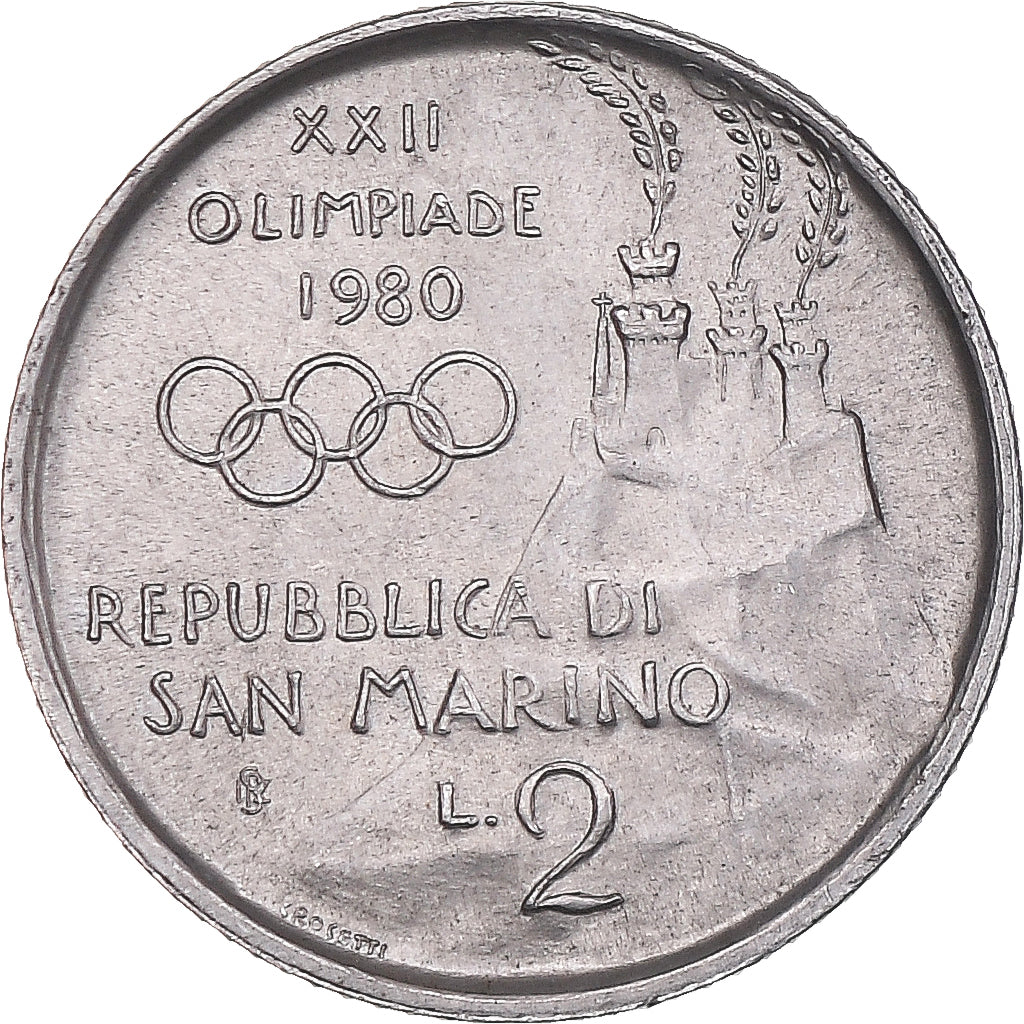 Munten, San Marino, 2 Lire, 1980, Rome, ZF+, Aluminium, KM:103