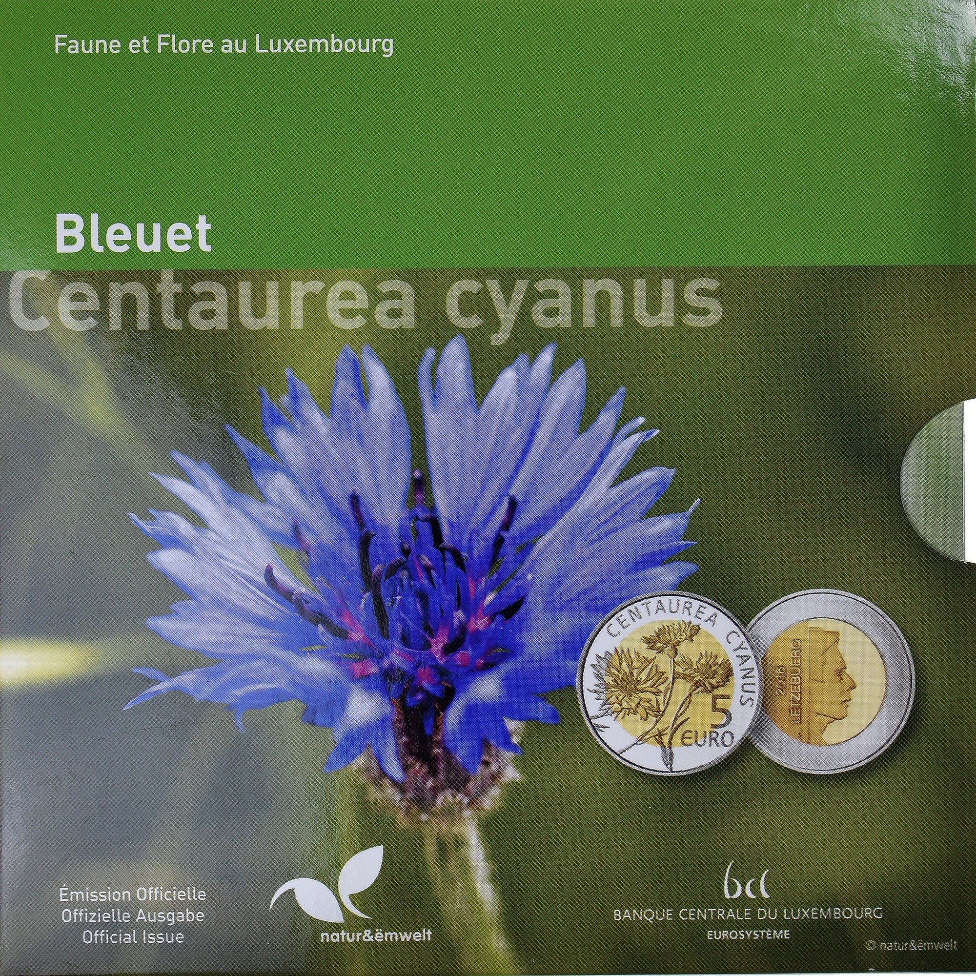Lussemburgo, 5 Euro, 2016, Bleuet Centaurea Cyanus.FDC BE, FDC, Silver & Nordic
