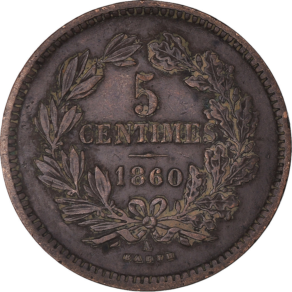 Munten, Luxemburg, William III, 5 Centimes, 1860, Paris, ZF, Bronzen, KM:22.2