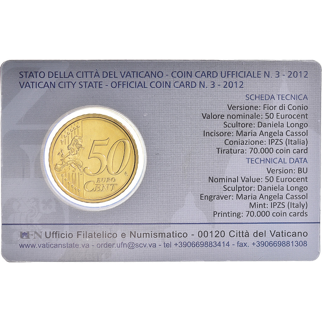 VATICAN CITY, 50 Euro Cent, 2012, Rome, Coin card, MS(65-70), Brass