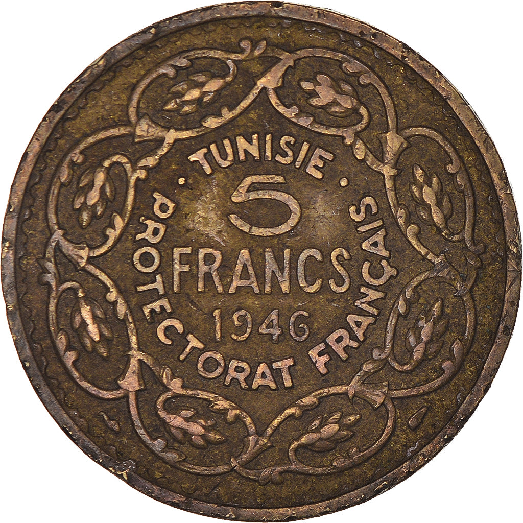 Moneta, Tunisia, Muhammad al-Amin Bey, 5 Francs, 1946, Paris, EF(40-45)
