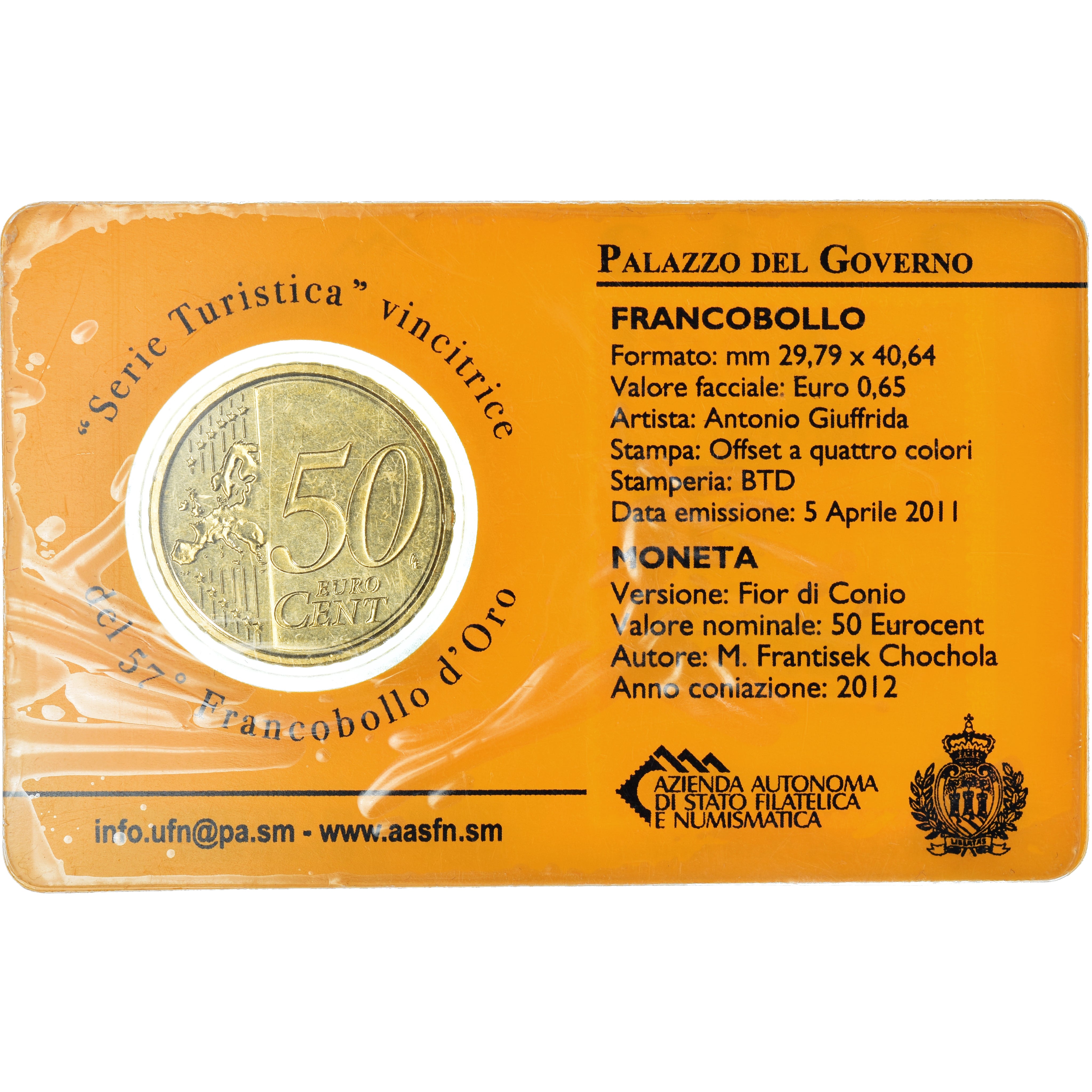 San Marino, 50 Euro Cent, 2012, Rome, Stamp and coin card, MS(65-70), Brass