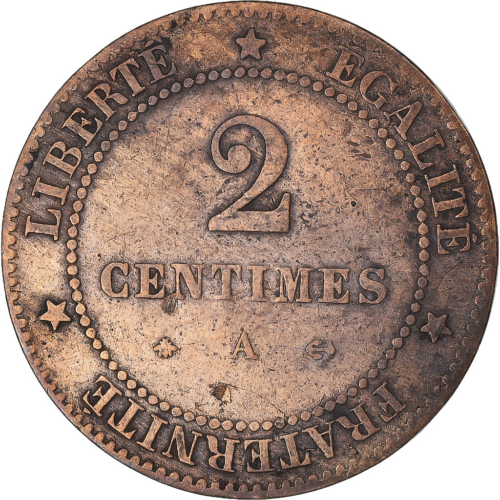 Moneda, Francia, Cérès, 2 Centimes, 1879, Paris, BC+, Bronce, KM:827.1