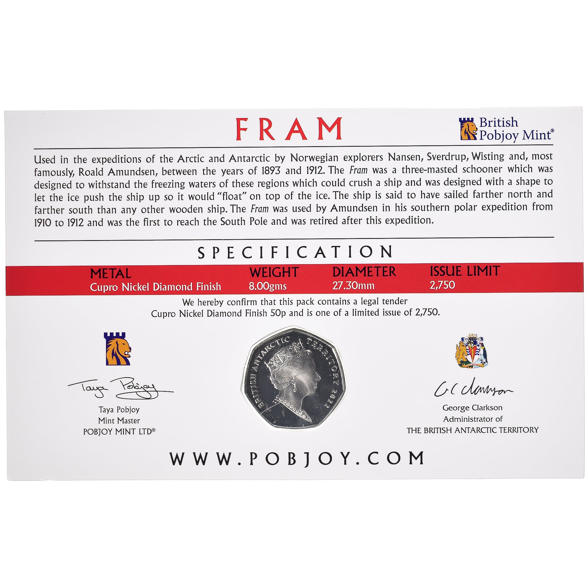 Münze, British Antarctic Territory, 50 Pence, 2022, Pobjoy Mint, Fram.FDC