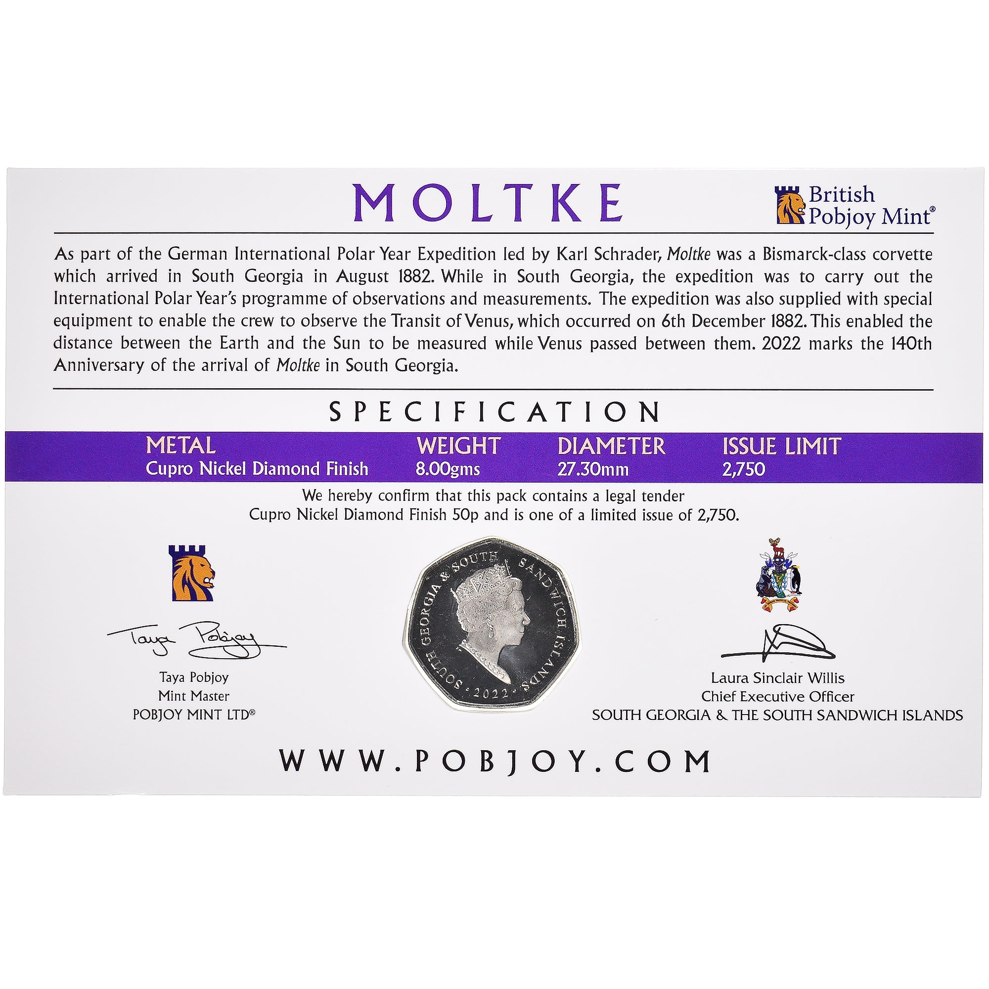 Moneda, Islas Georgias del Sur y Sandwich del Sur, 50 Pence, 2022, Pobjoy Mint