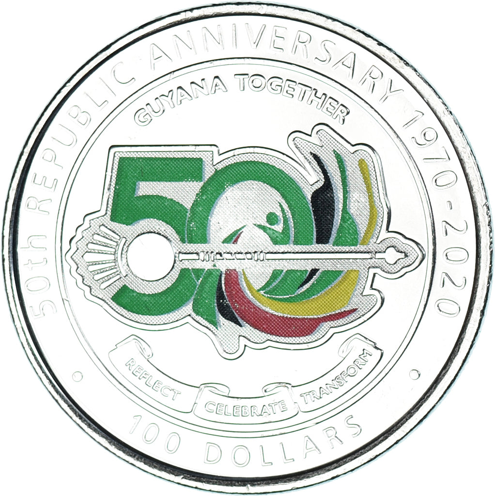 Moneta, Guyana, 100 Dollars, 2020, 50 ans de la République.colorized., SPL