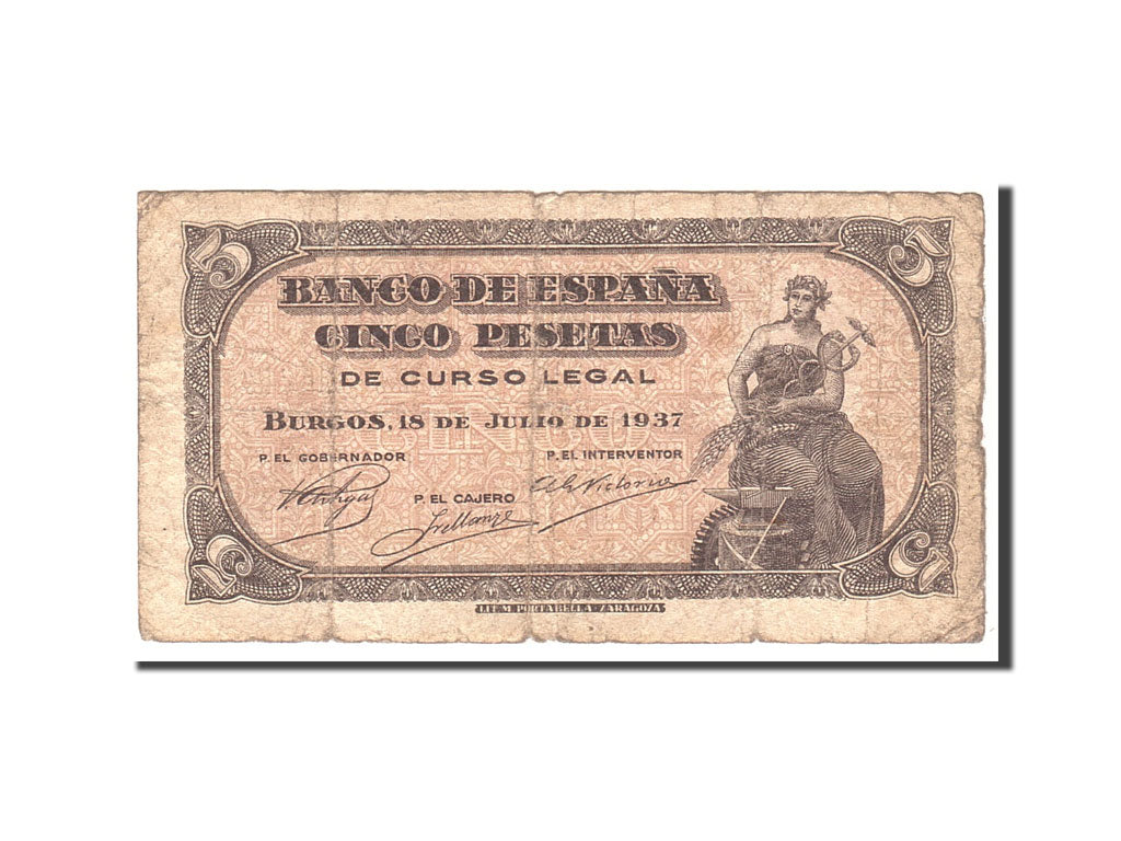 Banknote, Spain, 5 Pesetas, 1937, 1937-07-18, KM:106a, VG(8-10)