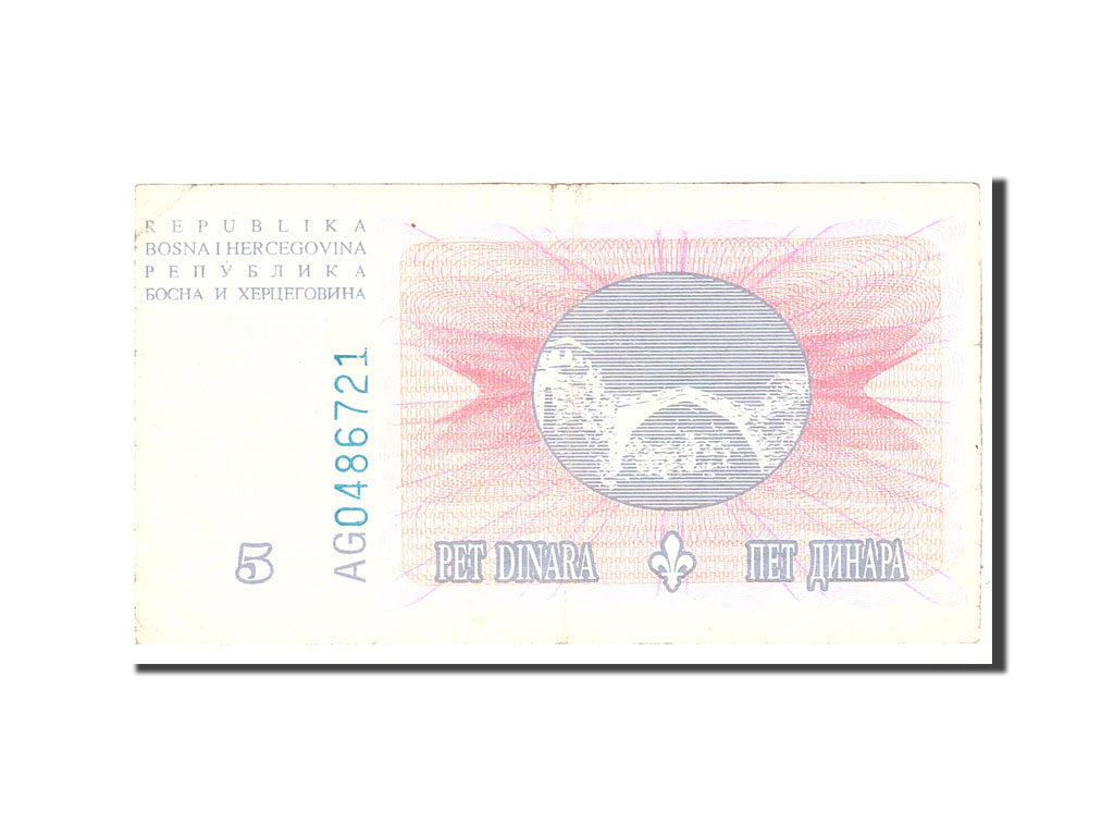 Banconote, Bosnia - Erzegovina, 5 Dinara, 1994, KM:40a, 1994-08-15, MB+