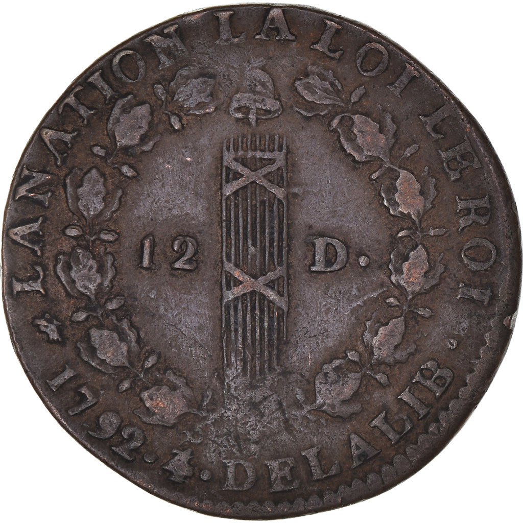 Moeda, França, Louis XVI, 12 deniers françois, 1792, Lyon, EF(40-45), Cobre