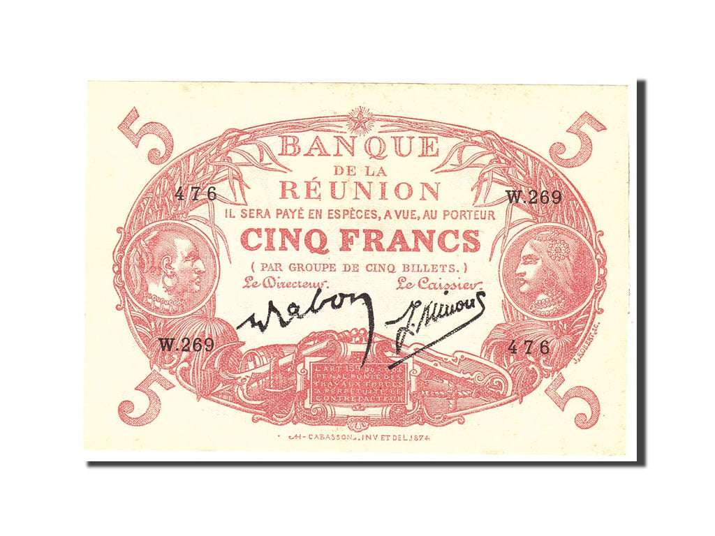 Billet, Réunion, 5 Francs, 1944, Undated, KM:14, SUP