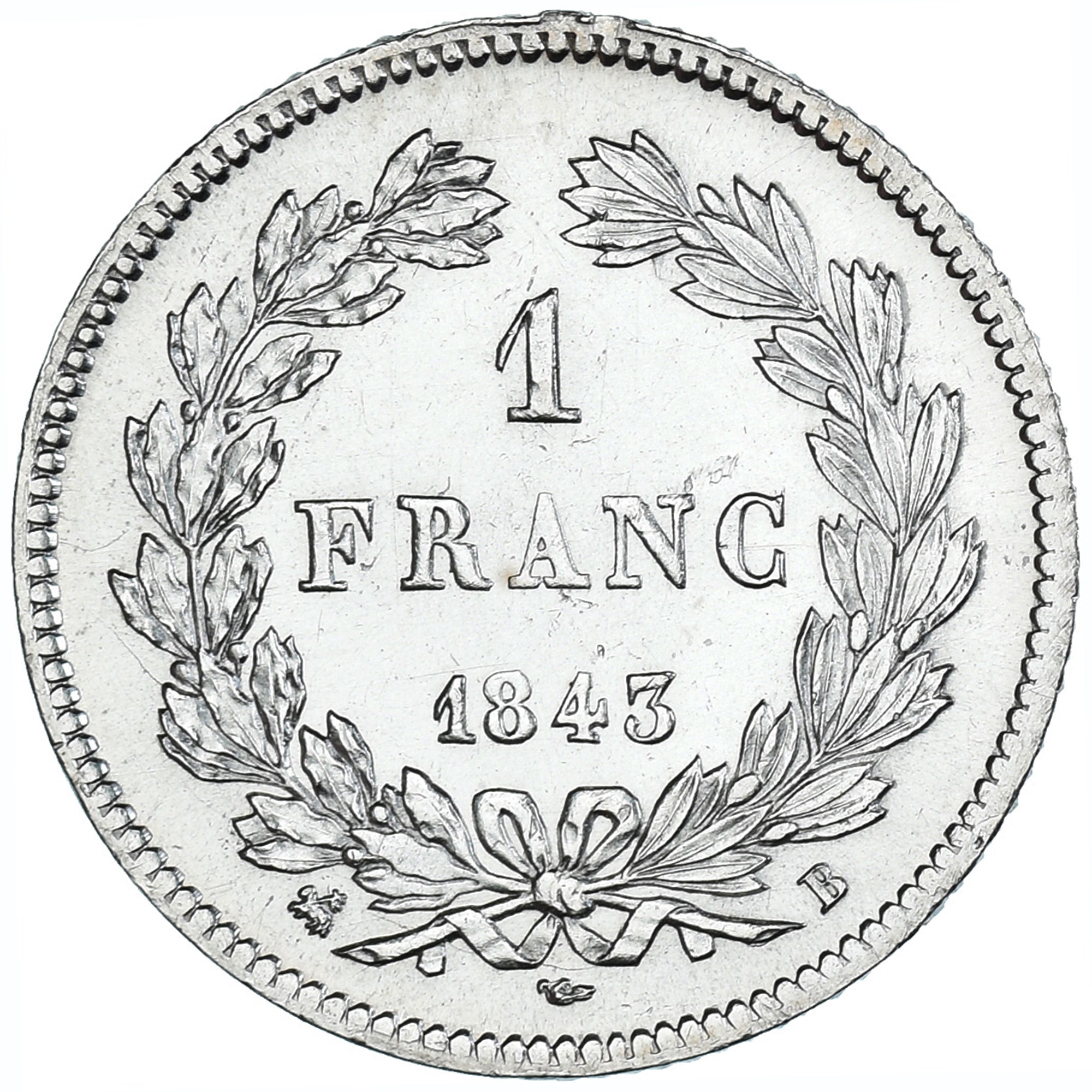 Coin, France, Louis-Philippe, Franc, 1843, Rouen, MS(63), Silver, KM:748.2, Le
