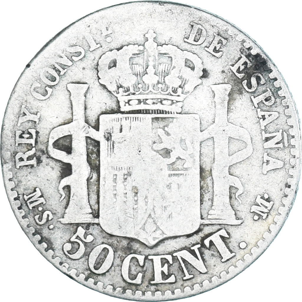 Moneda, España, Alfonso XII, 50 Centimos, 1881, BC+, Plata, KM:685