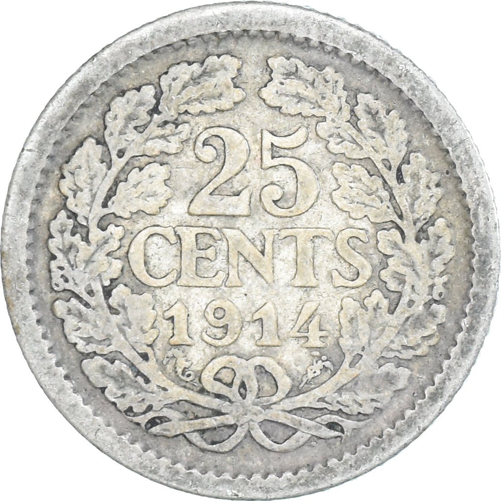 Coin, Netherlands, Wilhelmina I, 25 Cents, 1914, VF(30-35), Silver, KM:146