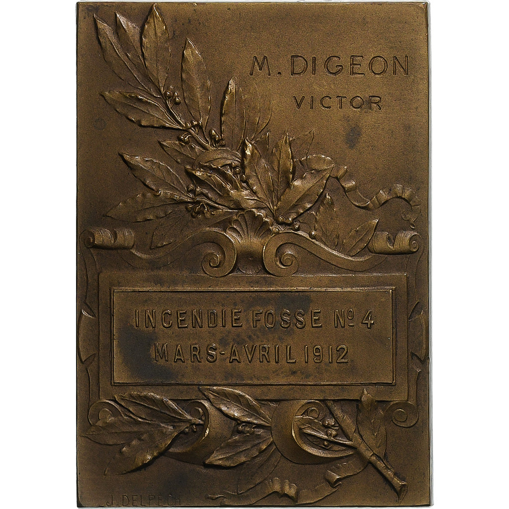 France, Medal, Mines d'Ostricourt, Incendie Fosse N°4, 1912, Delpech