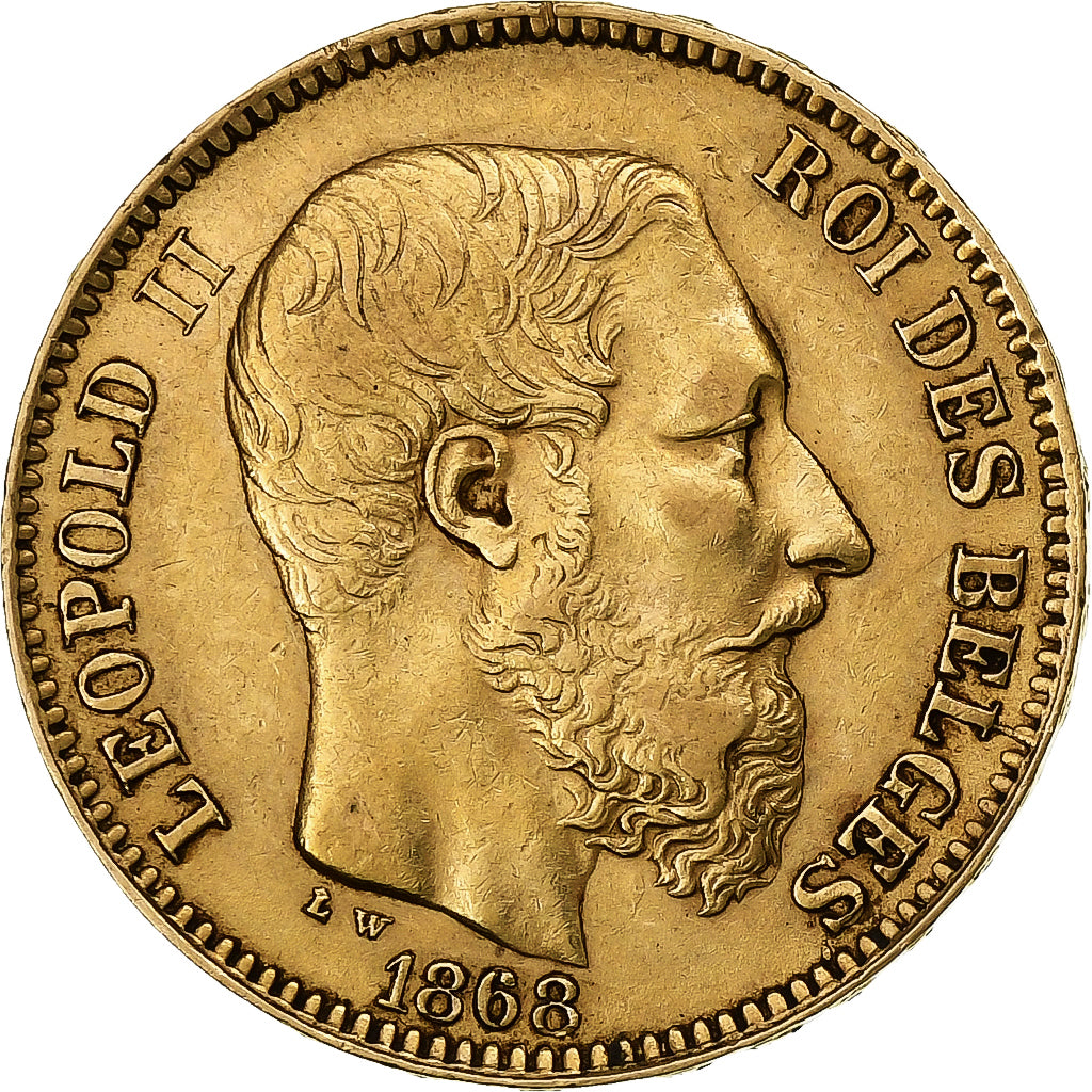 Belgio, Leopold II, 20 Francs, 20 Frank, 1868, Oro, BB+, KM:32