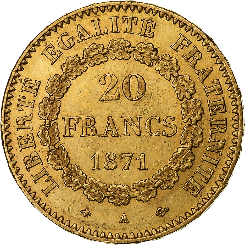 Moneta, Francja, Génie, 20 Francs, 1871, Paris, AU(50-53), Złoto, KM:825