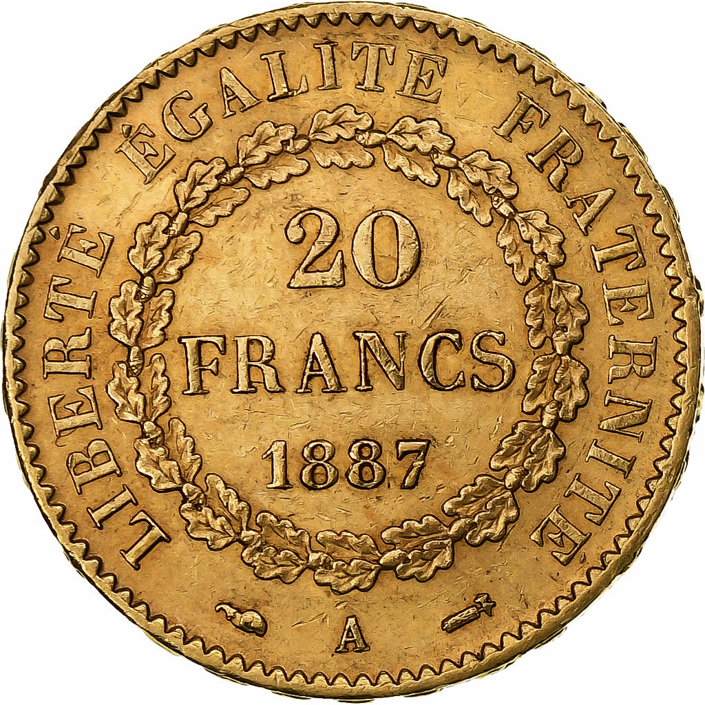 Moeda, França, Génie, 20 Francs, 1887, Paris, AU(50-53), Dourado, KM:825