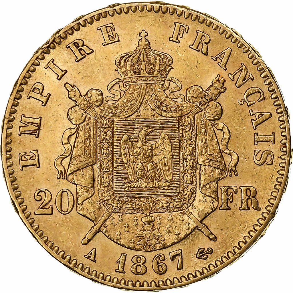 Francia, 20 Francs, Napoléon III, 1867, Paris, Oro, BB+, Gadoury:1062, KM:801.1