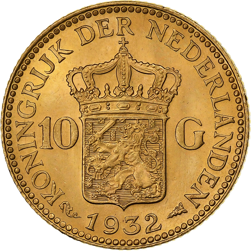 Netherlands, Wilhelmina I, 10 Gulden, 1932, Gold, MS(63), KM:162