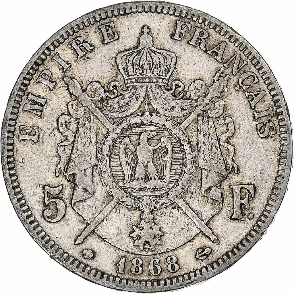 Francja, 5 Francs, Napoléon III, 1868, Strasbourg, Srebro, VF(20-25), KM:799.2