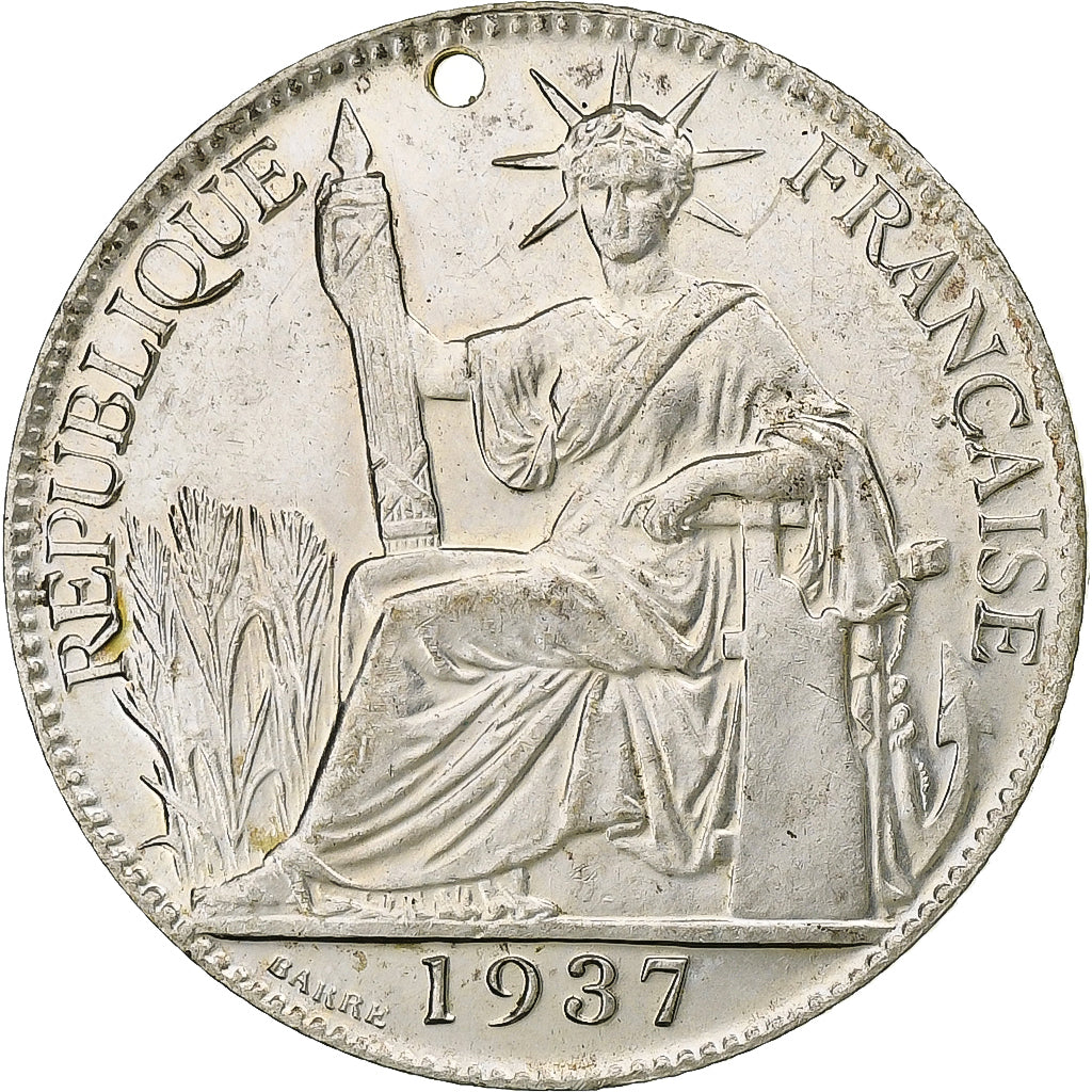 FRENCH INDO-CHINA, 20 Cents, 1937, Paris, Silver, AU(55-58)