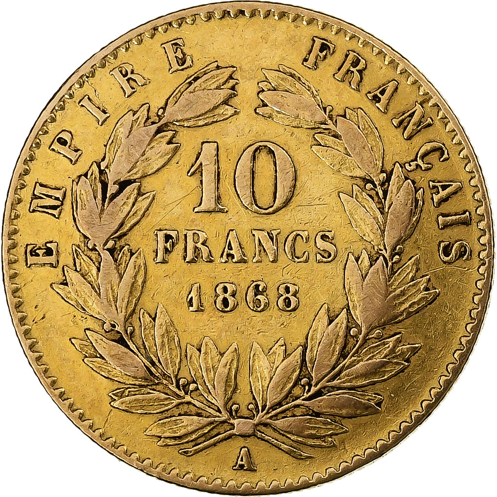 Francja, Napoleon III, 10 Francs, 1868, Paris, Złoto, VF(30-35), Gadoury:1015
