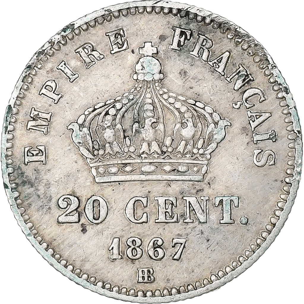 França, Napoleon III, 20 Centimes, Napoléon III, 1867, Strasbourg, Prata