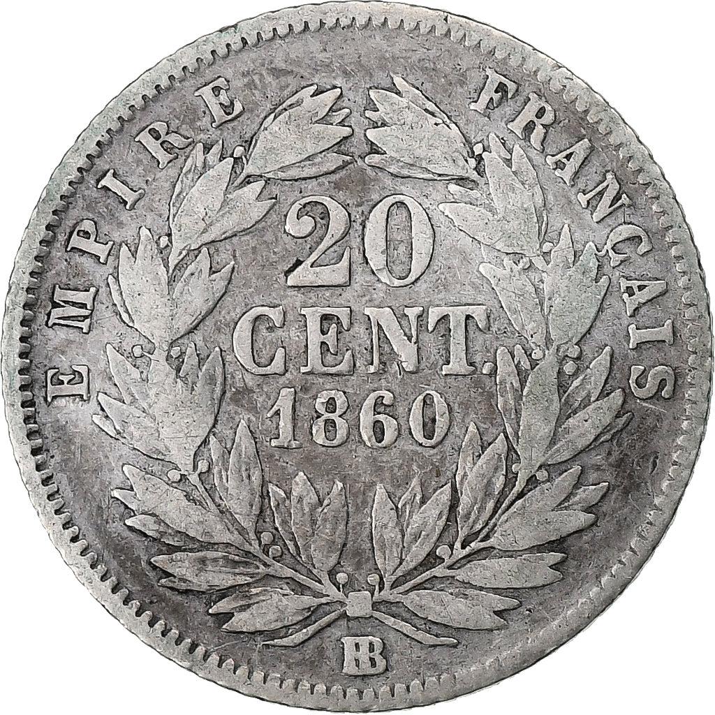 France, Napoléon III, 20 Centimes, Napoléon III, 1860, Strasbourg, Argent, TB