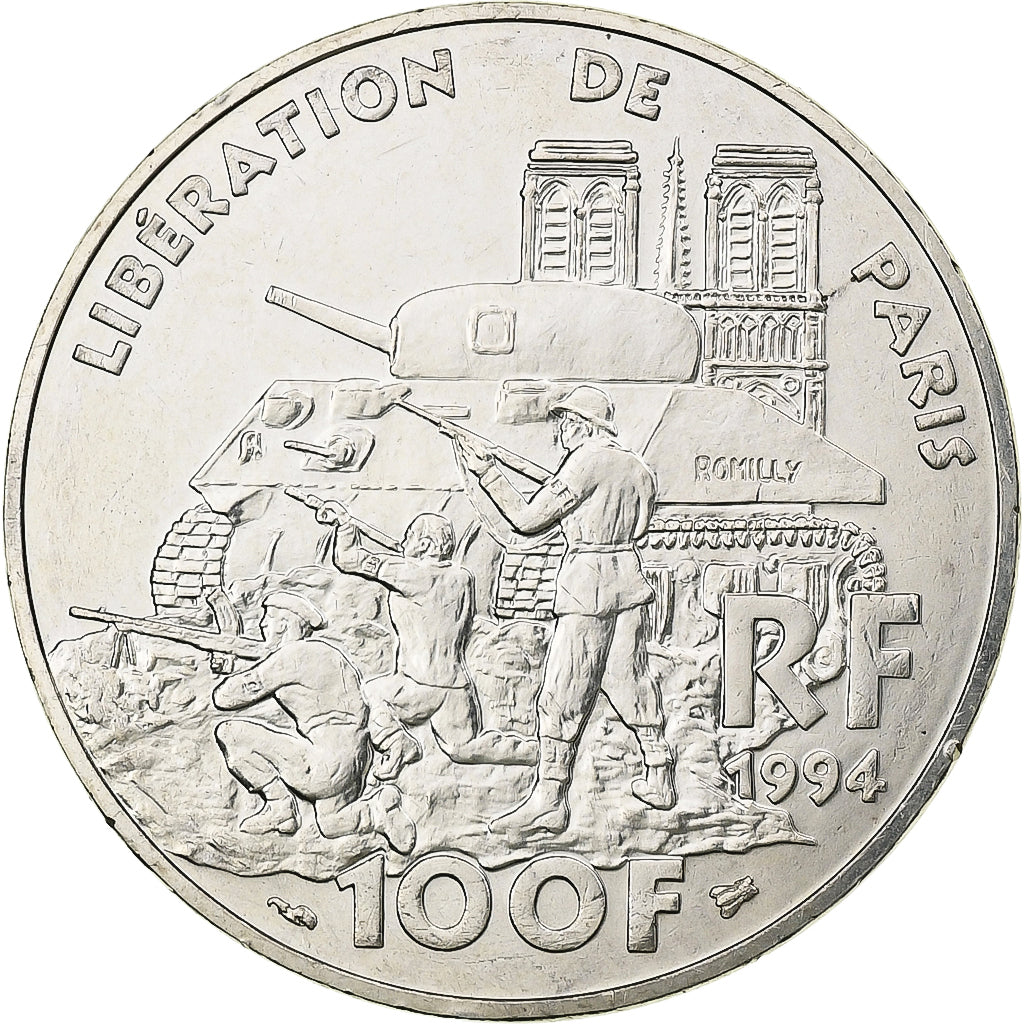 France, 100 Francs, Libération de Paris, 1994, Silver, AU(55-58), Gadoury:935