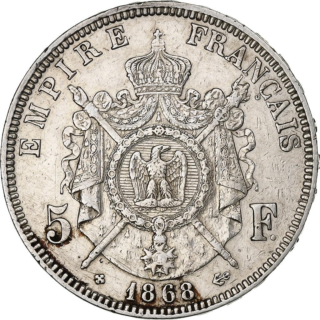 Francja, 5 Francs, Napoléon III, 1868, Strasbourg, Srebro, EF(40-45), KM:799.2