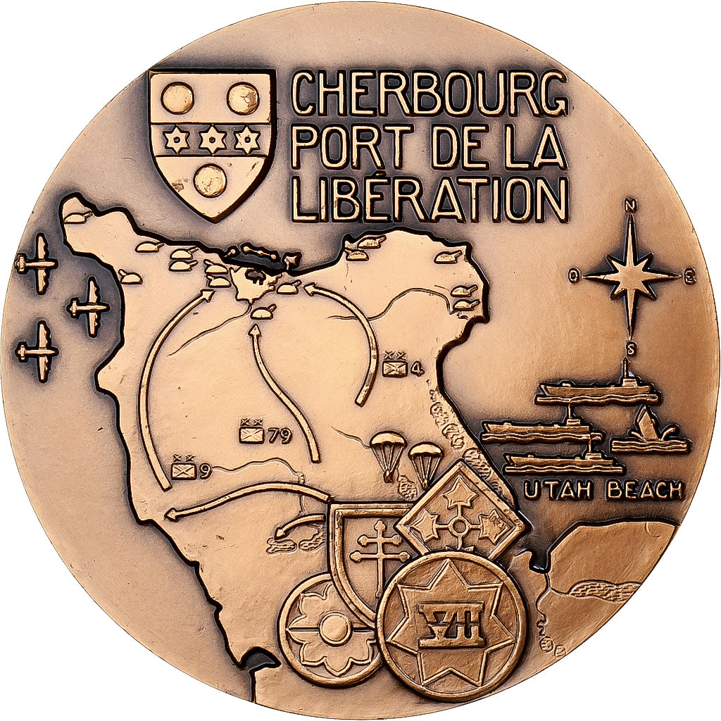 Francia, medalla, Cherbourg, Port de la Libération, 1954, Bronce, Turin, SC