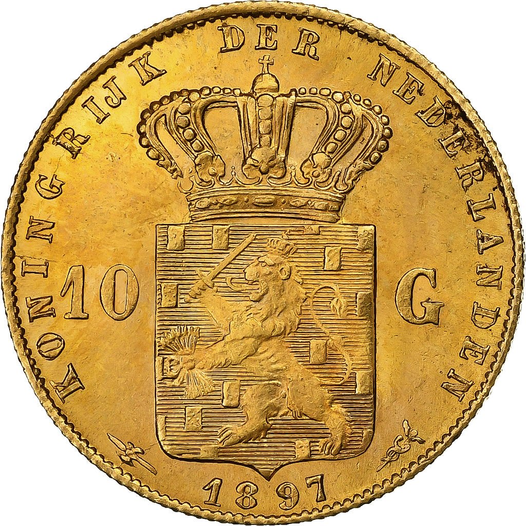 Netherlands, Wilhelmina I, 10 Gulden, 1897, Gold, MS(63), KM:118