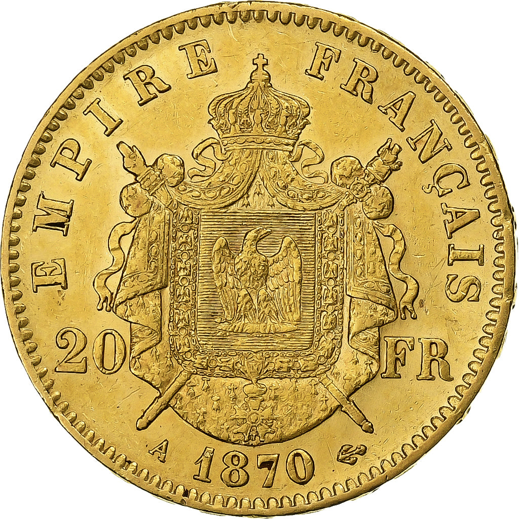 França, Napoleon III, 20 Francs, Napoléon III, 1870, Paris, Dourado