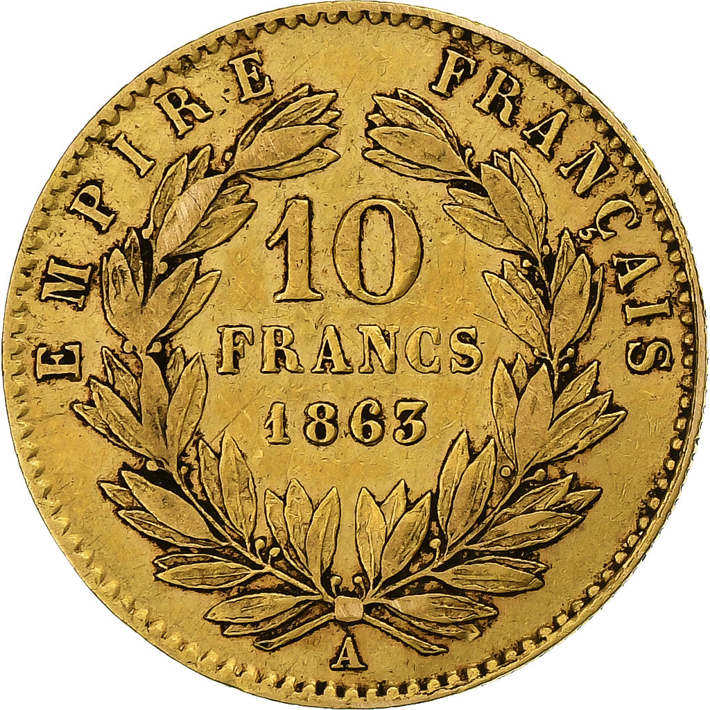 Moneda, Francia, Napoleon III, 10 Francs, 1862, Paris, BC+, Oro, KM:800.1