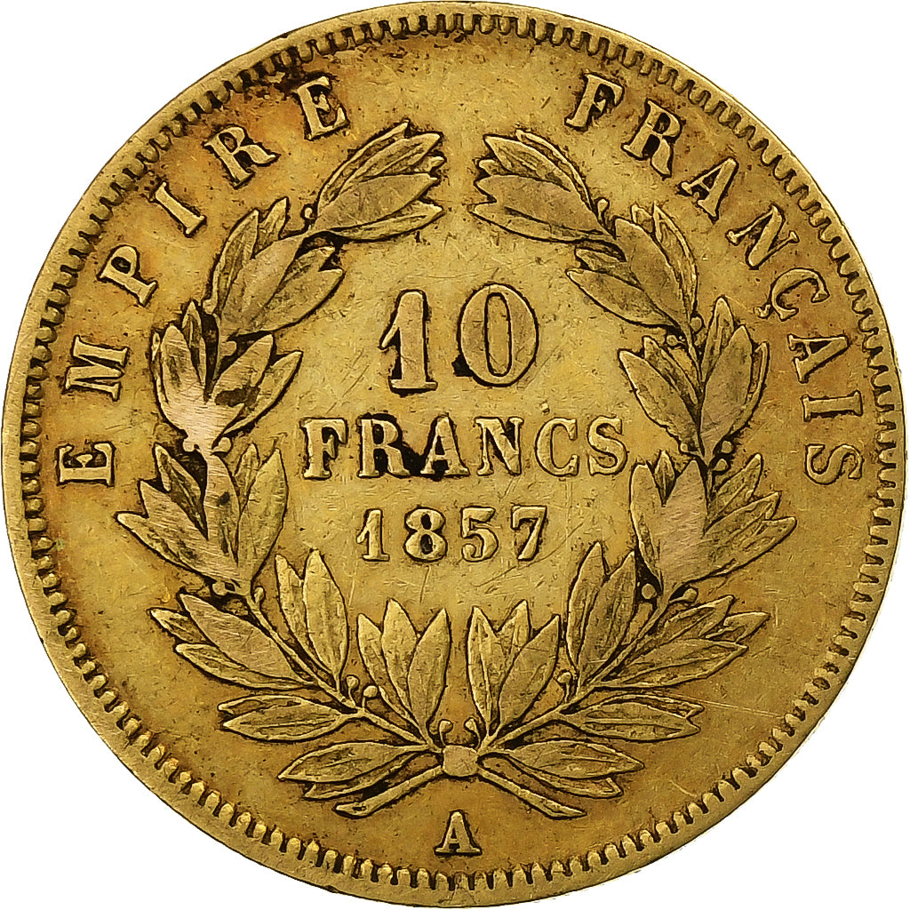 França, Napoleon III, 10 Francs, 1857, Paris, Dourado, VF(20-25), Gadoury:1014