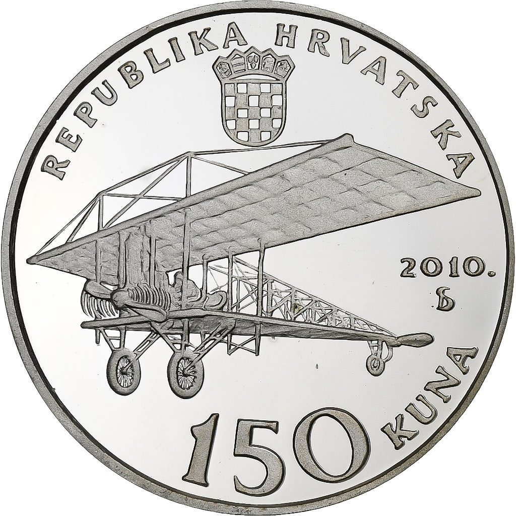 Croatia, 150 Kuna, 2010, Prvi Let Avionom u Hrvatskoj, Silver, MS(65-70)