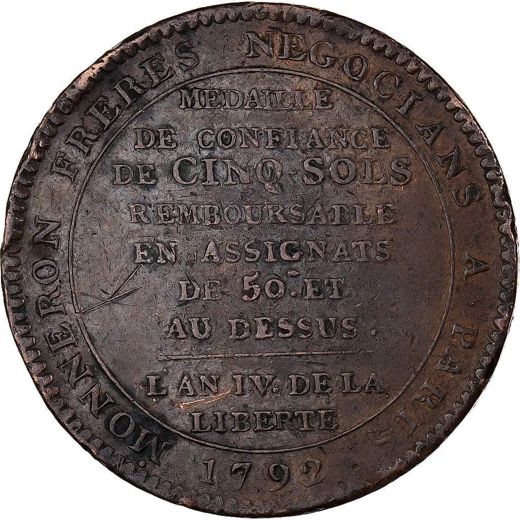 France, 5 Sols, Monneron, 1792, Paris, Bronze, VF(30-35)