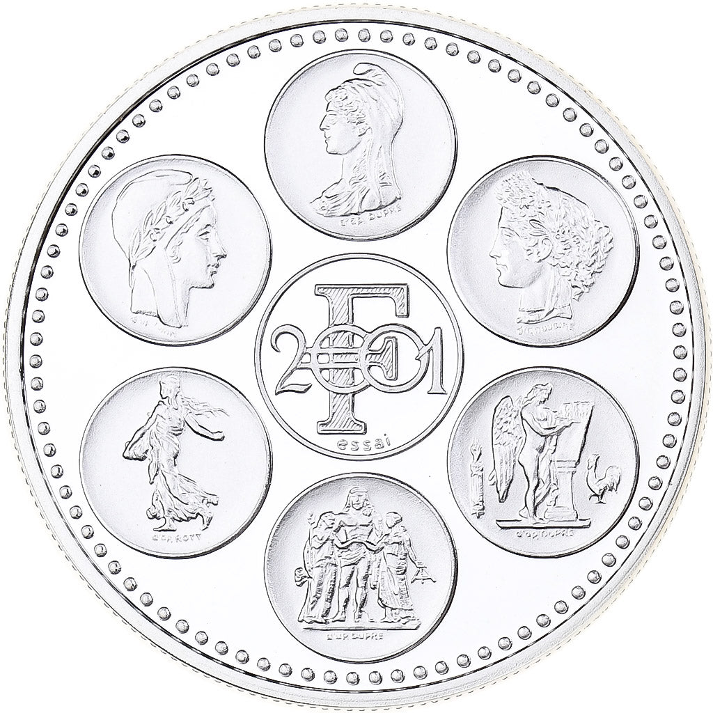 Francja, medal, Coq, Fin du Cours Légal du Franc, 2001, Srebro, MS(65-70)
