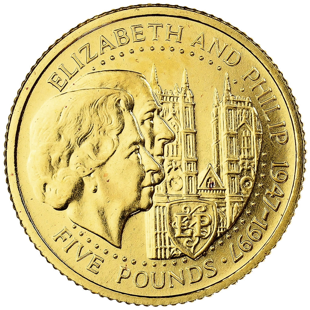 Guernsey, Elizabeth II, 5 Pounds, 1997, British Royal Mint, 50 ans du mariage de