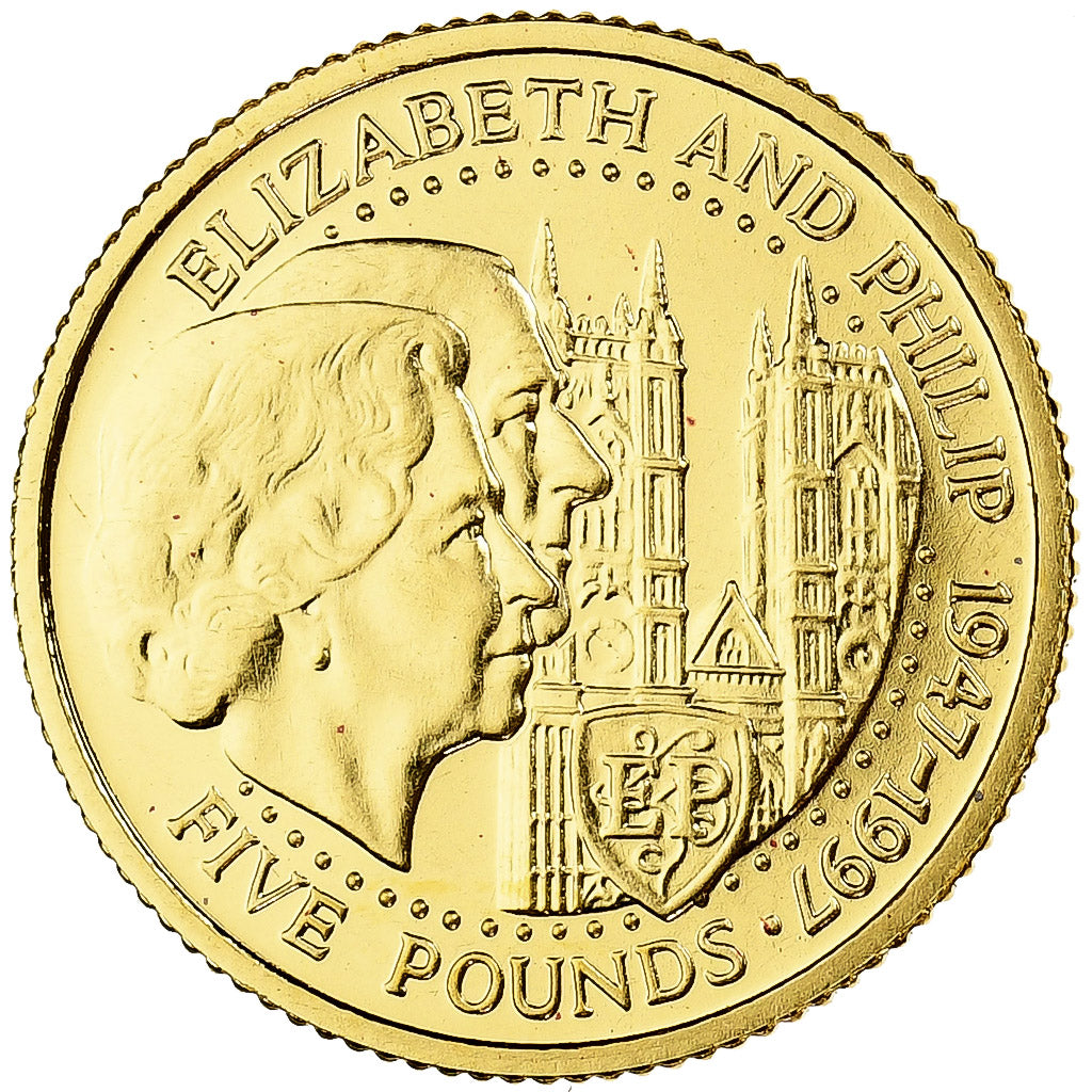 Guernsey, Elizabeth II, 5 Pounds, 1997, British Royal Mint, 50 ans du mariage de
